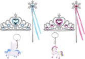 Het Betere Merk - Prinsessen Speelgoed Meisje - Prinses accessoireset - 2 x Kroon (Tiara) - 2 x Toverstaf - Unicorn Hanger - Voor bij je Verkleedkleding - Roze - Blauw