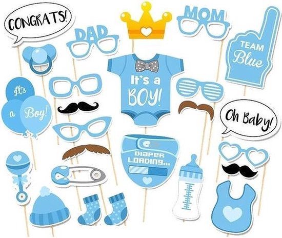 Baby shower fotoprops in blauw: romper 'It's a BOY!', kroon, muts, sokjes, speen, ballonnen, bel.