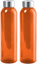 Glazen waterfles/drinkfles/sportfles - 2x - oranje transparant - met RVS dop - 500 ml