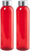 Glazen waterfles/drinkfles/sportfles - 2x - rood transparant - met RVS dop - 500 ml