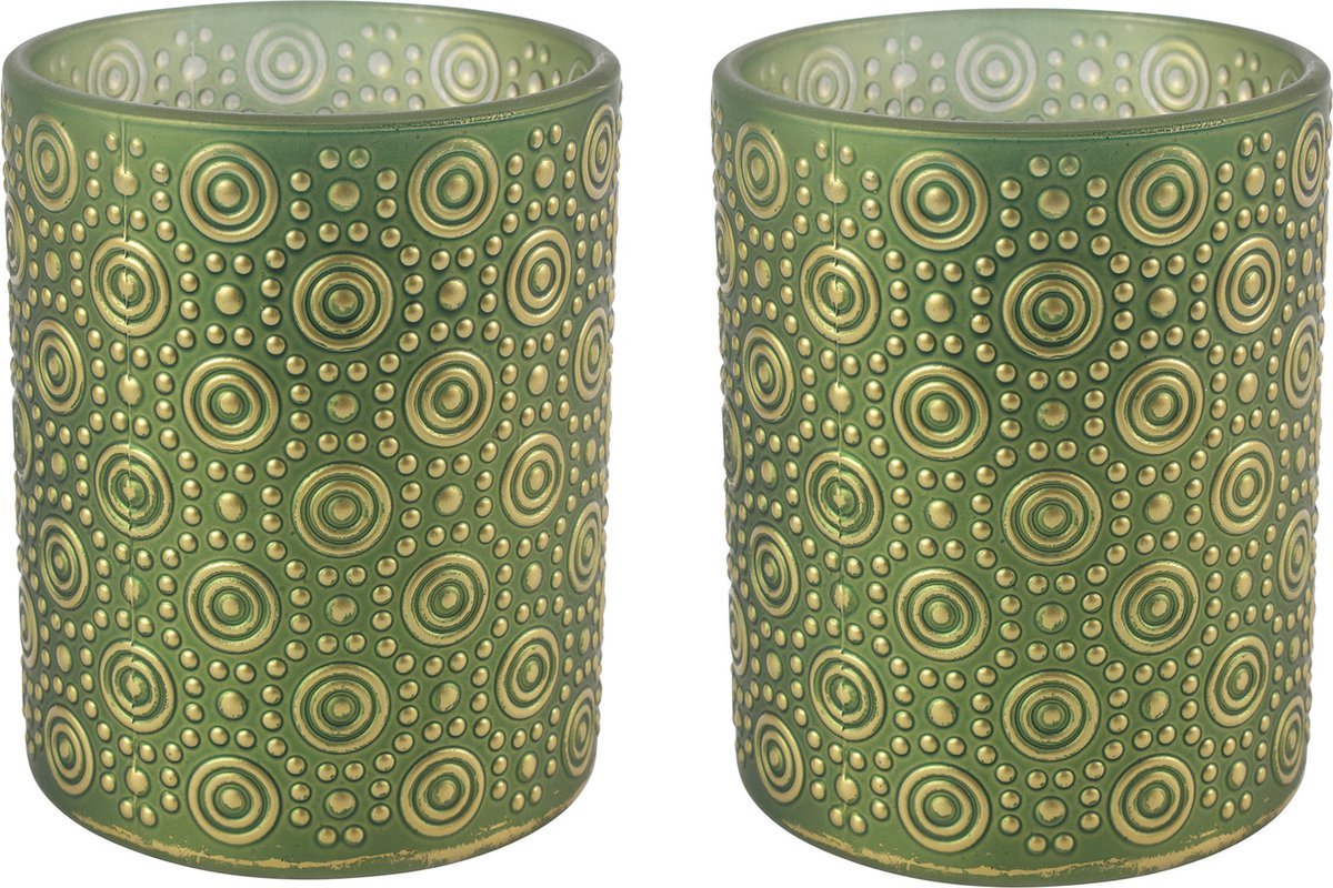 Countryfield Luxe theelichthouder - 2x stuks - Fantasy - glas - olijfgroen/goud - D8 x H10 cm Olijf groen