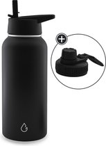 PRO eco bouteille d'eau en acier inoxydable noir 1 litre - bouchon avec paille et bouchon sport - gourde - bouteille thermos - sport