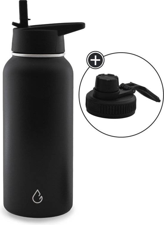 PRO eco waterfles RVS zwart 1 liter - dop met rietje en sportdop - drinkfles - thermosfles - sport
