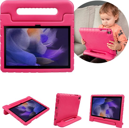 Roze tablethoes met handvat en stevige rand, handvat kan omgeklapt worden om er een standaard van te maken, tip 9 speelgoed in het vliegtuig