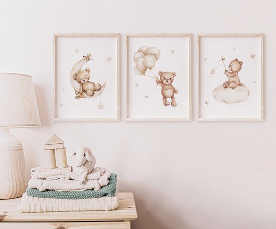 No Filter Set Posters pour chambre de bébé - 3 pièces - 30x40 cm (A3) - Décoration chambre d'enfant - Ours en peluche avec ballon - Etoiles - Beige