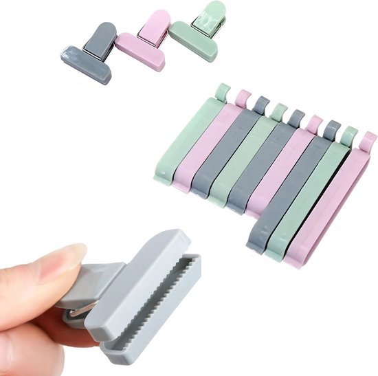| Twinza® | Zaksluiter Clips - Sluiting voor zakken - Afdichting Clip - Vershoud knijpers - Keuken Accessoires - 3 kleuren - Set van 12 stuks -