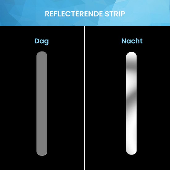 Vergelijking van de reflecterende strip van de rugzakhoes bij daglicht en in het donker.