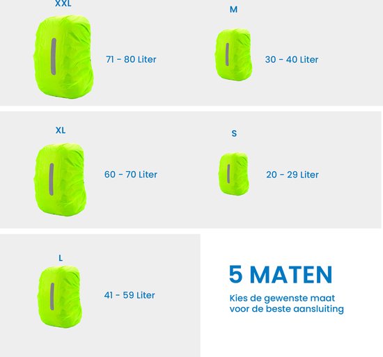 Cinq tailles de housses de sac à dos vert fluo, de S à XXL, avec bande réfléchissante.