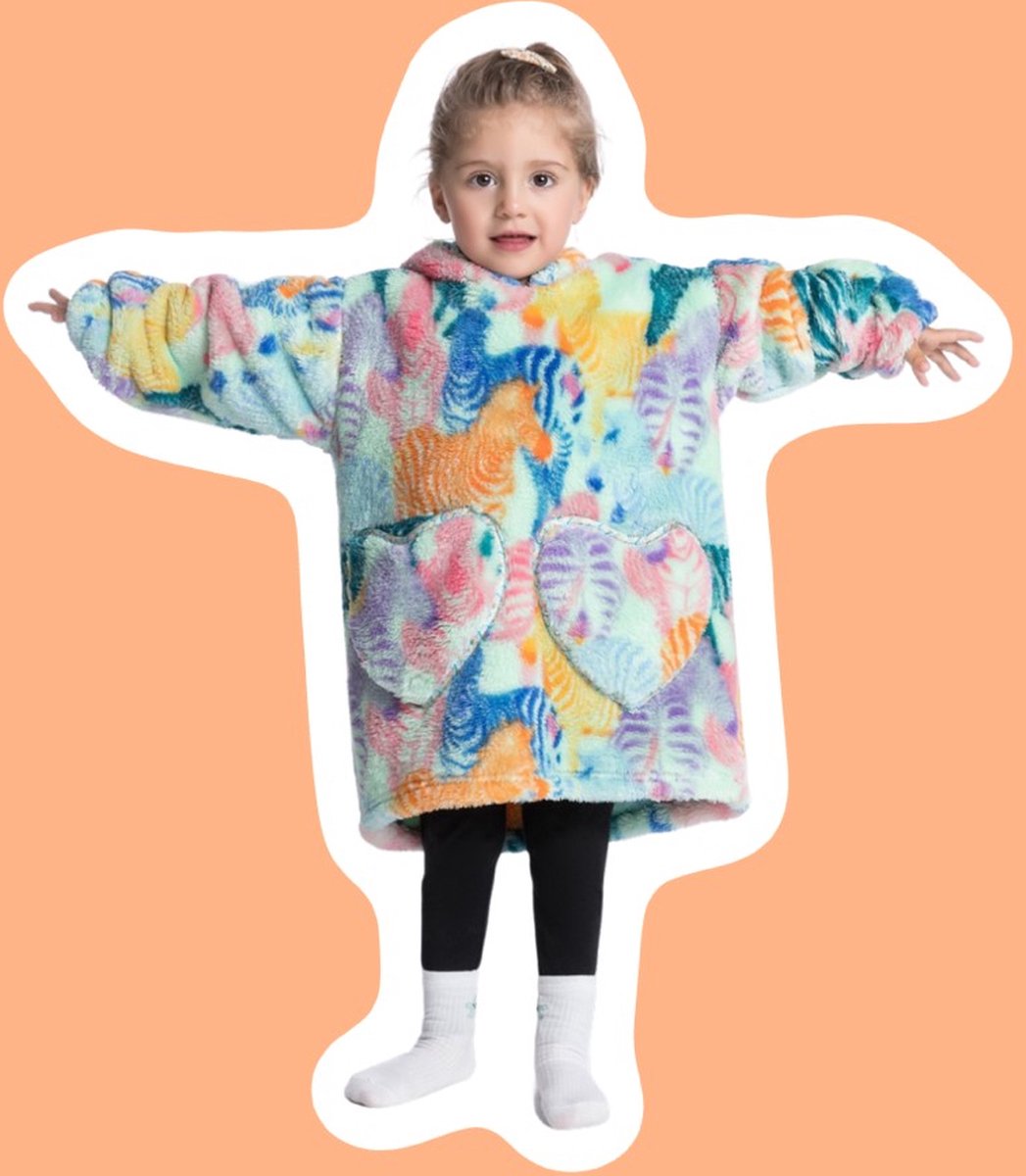 Zebra fleece hoodie deken met mouwen - fleece poncho voor kinderen – fleece plaid met mouwen - maat 98/128 – lengte 60 cm – warm & zacht – relax outfit kids – multicolor - Badrock — cadeau in Wonen & Interieur - foto 3