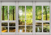 Fotobehang - Vlies Behang - 3D Uitzicht op het Zonnige Bos door het Raam - 254 x 184 cm