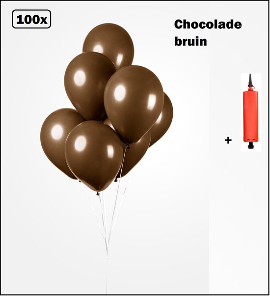 100x Chocolade ballon 30cm + ballonpomp - Special edition -Bruin Ballonnen thema feest festival party fun verjaardag pastel carnaval