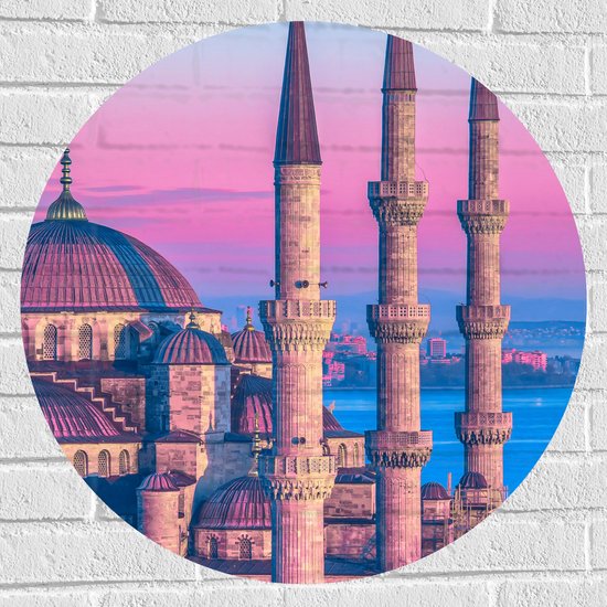 Muursticker Cirkel - Sultan Ahmetmoskee in Istanbul met Roze Blauwe Lucht - 70x70 cm Foto op Muursticker