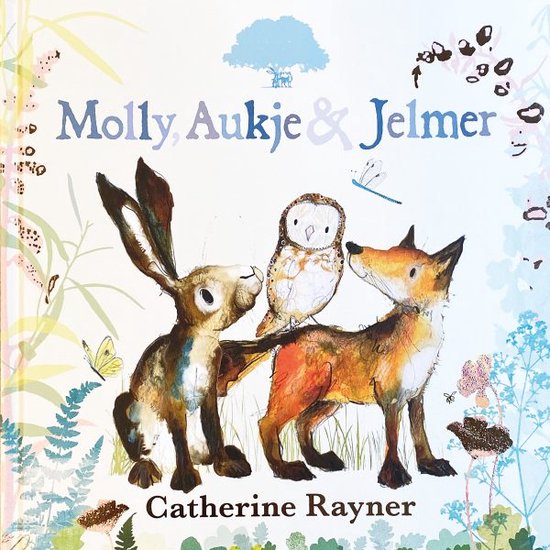 Boekomslag van 'Molly, Aukje & Jelmer' met illustraties van een vos, haas en uil tussen de bloemen.