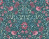 BLOEMEN EN VOGELS BEHANG | Botanisch & Dieren - donkergroen roze blauw - A.S. Création Maison Charme