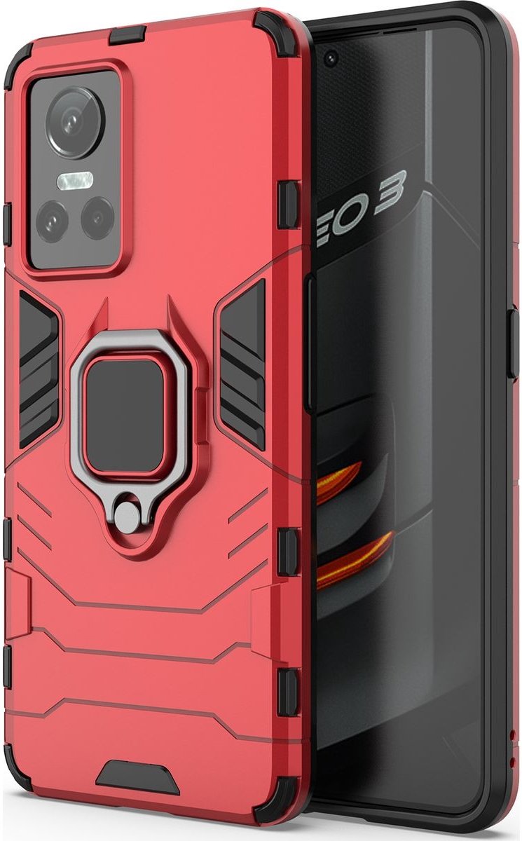 Mobigear Hoesje geschikt voor Realme GT Neo 3 Telefoonhoesje Hardcase | Mobigear Armor Ring Backcover Shockproof met Ringhouder | Schokbestendig GT Neo 3 Telefoonhoesje | Anti Shock Proof - Rood