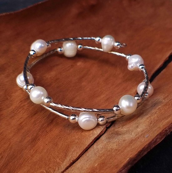 Zoetwaterparel armband Pearl Metal Wrap - echte parels - wit - zilver - wikkelarmband - ZHEN ZHU - EEN RIJKDOM AAN PARELS