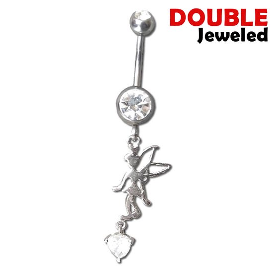Navelpiercing - Chirurgisch staal - met Witte zirkonia stenen - Double Jeweled - Tinkle Bell