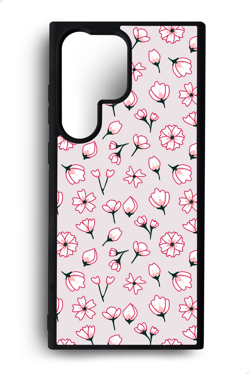 Ako Design Samsung Galaxy S23 Ultra hoesje - Bloemen patroon - roze - Hoogglans - TPU Rubber telefoonhoesje - hard backcover