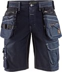 Donkerblauwe korte werkbroek met veel zakken, ritssluitingen, lussen en wit stiksel.