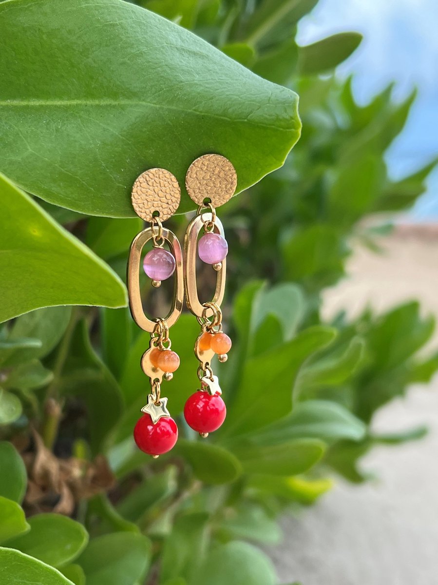 FlowJewels - oorbellen - staal - natuursteen - goud