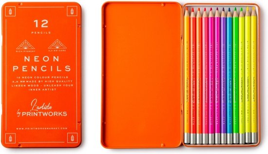 Une boîte en métal orange, ouverte pour révéler 12 crayons néon, classés par couleur.
