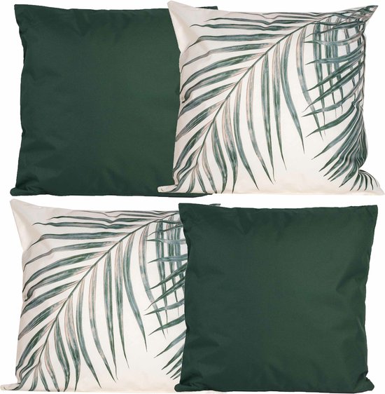 Anna Collection Coussins de canapé/décoration/jardin - intérieur/extérieur - set 4x pièces - vert/imprimé palmier - 45 x 45 cm
