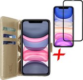 iphone 11 hoesje - iphone 11 case goud book cover leer wallet - hoesje iphone 11 apple - iphone 11 hoesjes cover hoes - 1x iphone 11 screenprotector glas tempered glass screen prot