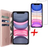 Hoesje geschikt voor iPhone 11 - Roségoud book cover leer wallet + screenprotector glas tempered glass screen protector