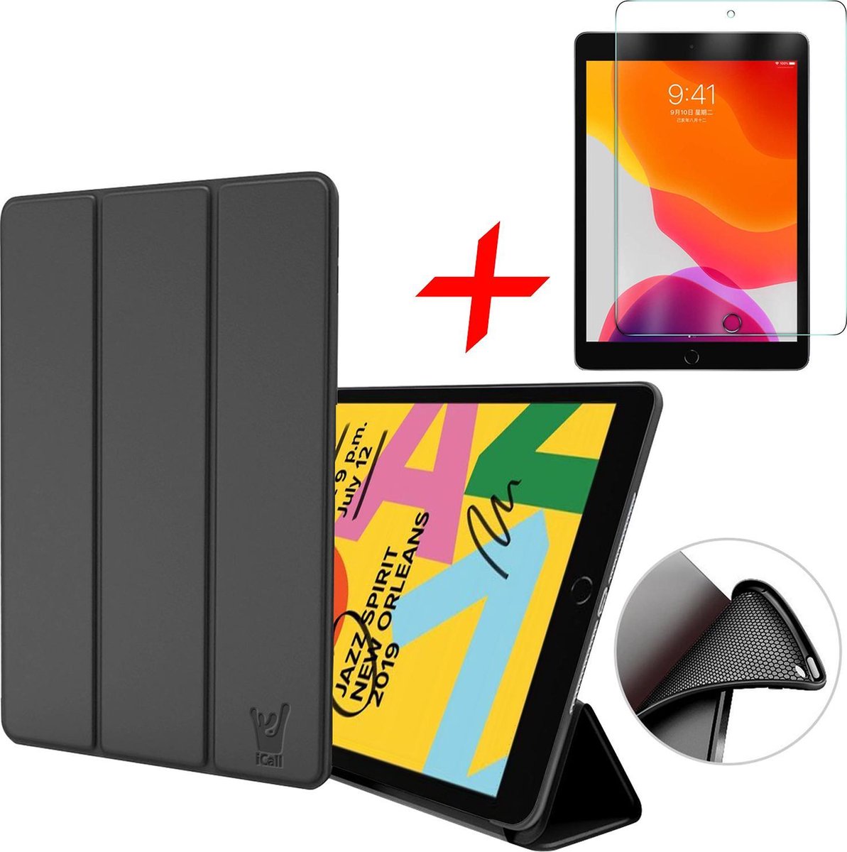Hoes + Screenprotector geschikt voor iPad 2021 / 2020 / 2019 10.2 Inch - Trifold Hoesje Tablethoes Case Zwart
