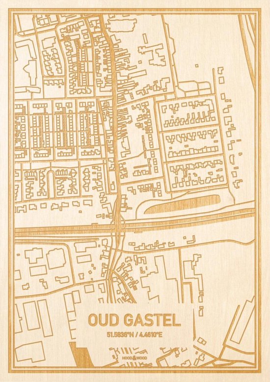 Kaart Oud Gastel Gegraveerde stadskaart Hood&Wood Hout, A4