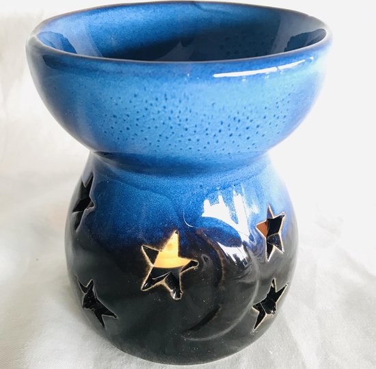 Oliebrander Maan & sterren Zwart/blauwe keramiek 10x10x12cm Aromabrander voor geurolie of wax smelt