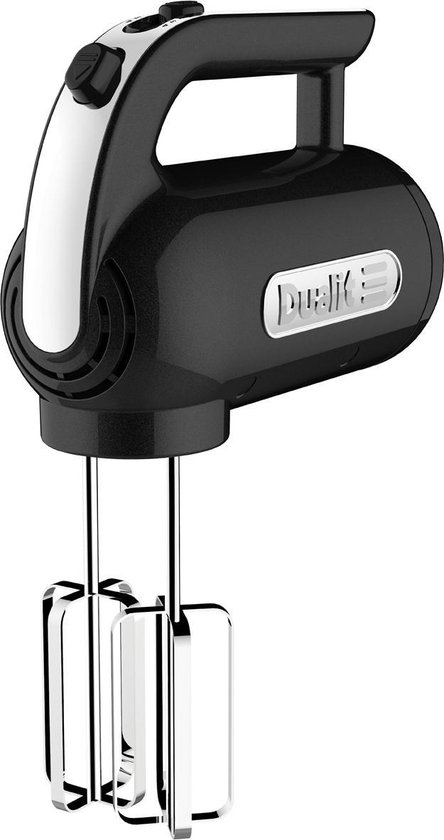 Zwarte Dualit handmixer met zilverkleurige details en twee chrome menghaken.