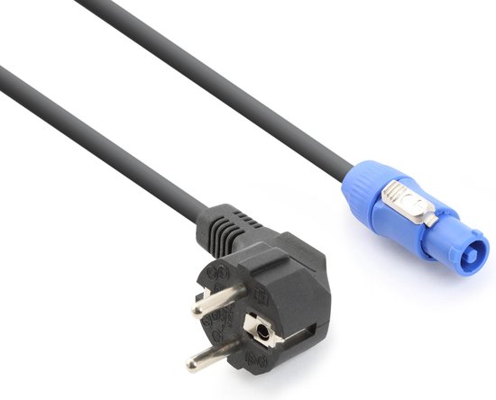 Zwarte PD Connex stroomkabel met een geaarde Schuko-stekker en een blauwe Powercon A-connector.