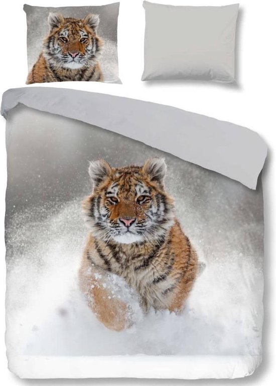 Good Morning Dekbedovertrek "tijger in de sneeuw" - Grijs - (200x200/220 cm) - Katoen Flanel