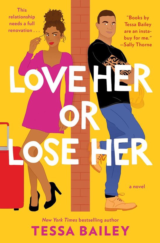 Boekcover: Man en vrouw staan tegenover elkaar, met de titel 'Love Her or Lose Her'. Vrouw in roze jurk, man in zwart shirt en blauwe spijkerbroek.