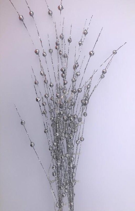 Zilveren glitter kunsttak 76 cm met LED verlichting batterijen - Warm wit - Kunstbloemen/kunsttakken