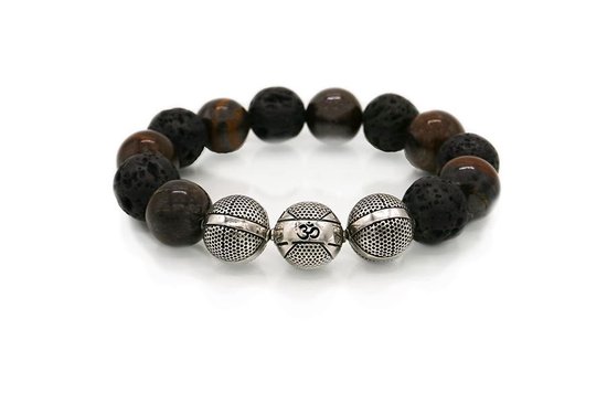 Foto: Edelsteen armband lavasteen met tijgerijzer mix 14mm 925 sterling zilver natuursteen armband valentijn cadeautje voor hem heren armband kralen cadeau voor man infinitybeads nl