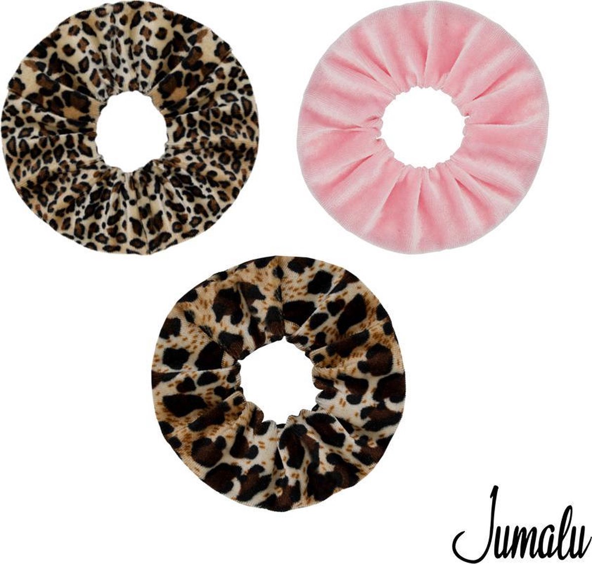 Jumalu scrunchie velvet haarwokkel haarelastiekjes - tijgerprint, panterprint en lichtroze - 3 stuks