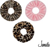 Jumalu scrunchie velvet haarwokkel haarelastiekjes - tijgerprint, panterprint en lichtroze - 3 stuks