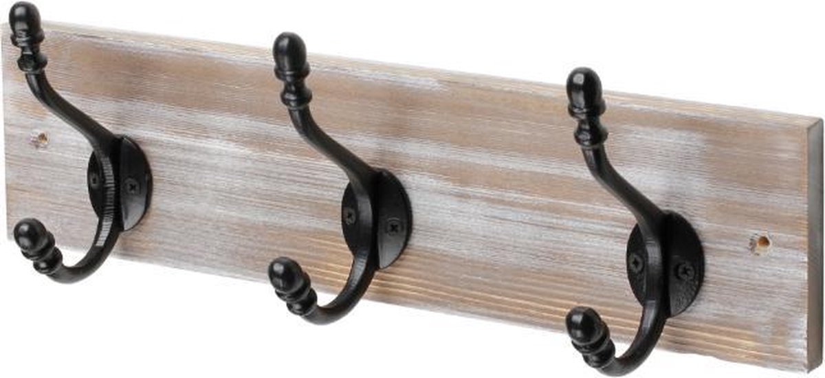 Driehaaks kapstok met zwarte kapstokhaken, gemonteerd op een houten  achterplaat | bol.com