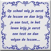 Wijsheden tegeltje met spreuk over School: Op school volg je eerst de lessen en dan krijg je een test in het leven krijg je eerst een test en dan volgen de lessen