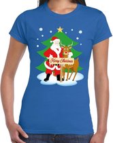 Foute Kerst t-shirt met de kerstman en rendier Rudolf blauw voor dames M