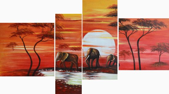 Peinture éléphants 4 pièces 190 x 90 Artello à la main - Peinture de salon - Peinture de chambre - Toile - Moderne - Animaux