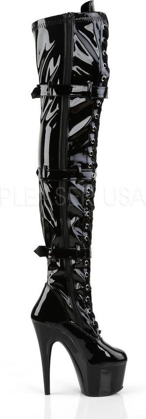 Pleaser Adore 3028 plateau lak overknee laars met gespen en stiletto hak zwart | Attitude Holland Pleaser Adore 3028 plateau lak overknee laars met gespen en stiletto hak zwart | Attitude Holland