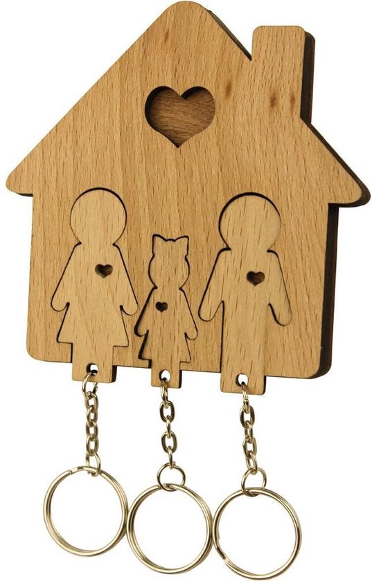 MiMi Innovations® Sleutelhouder van hout met 3 sleutelhangers - Sleutelrek - Wandmontage - Decoratief - Familie met Dochter