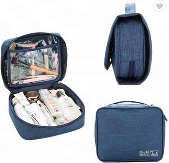 Toilettas overzichtelijk met veel vakken blauw - Cosmetic bag navy | bol.com