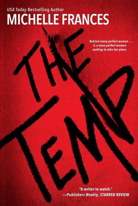 De cover van het boek 'The Temp' van Michelle Frances, met de tekst 'The Temp' in grote zwarte letters tegen een rode achtergrond.