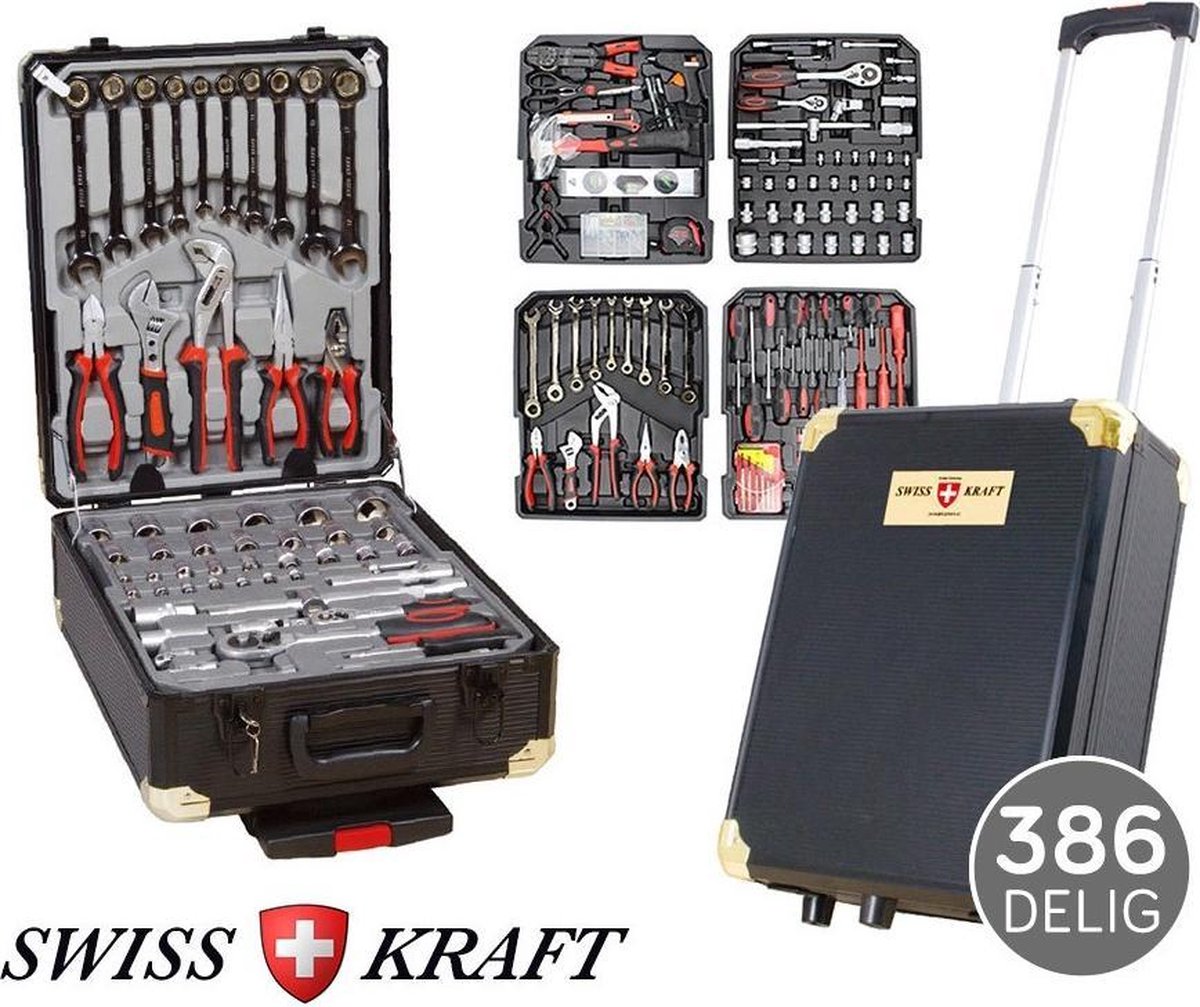 Swiss Kraft - Gereedschapstrolley 386-delig - Stapelbaar - 4 inlays