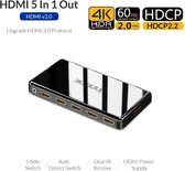 DrPhone UN Series - HDMI Switch 5 Poort - 5 x 1 HDMI 2.0 UHD4K @ 60Hz /18 Gbps - Deep Color HDR HDCP 2.2 3D 5 in 1 Uit - Auto Switch - IR-afstandsbediening  - BREDE COMPATIBILITEIT
