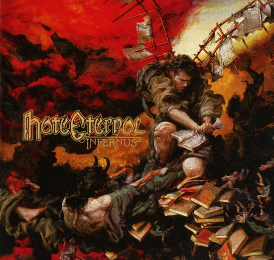 Couverture d'album intitulée 'Infernus'. Un homme en tenue brune lit un livre au milieu de piles de livres et de figures démoniaques sur un fond rouge flamboyant.